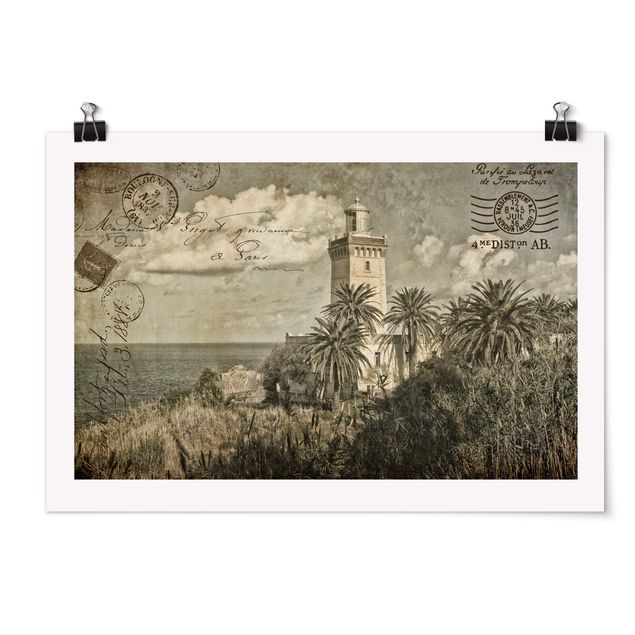 Wandbilder Meer Vintage Postkarte mit Leuchtturm und Palmen