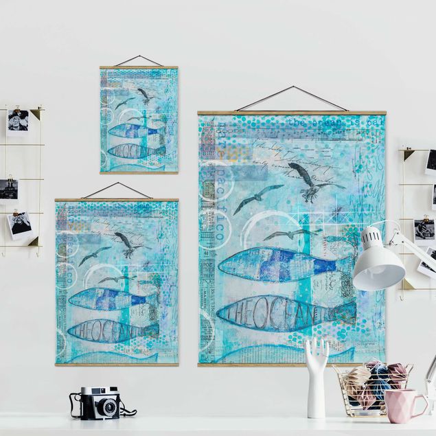 Wandbilder Blau Bunte Collage - Blaue Fische