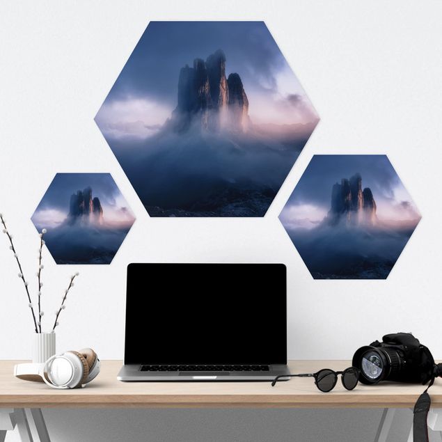 Hexagon Bilder Drei Zinnen in blauem Licht