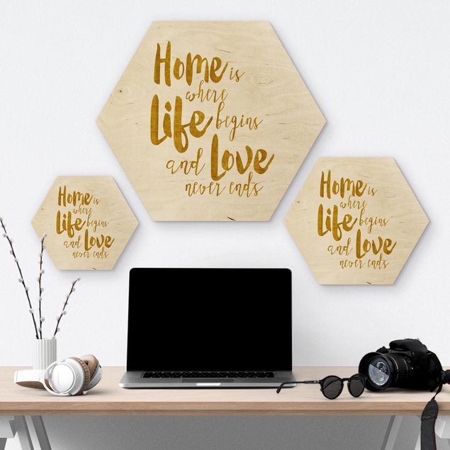 Hexagon Bild Holz - Home is where Life begins Gold