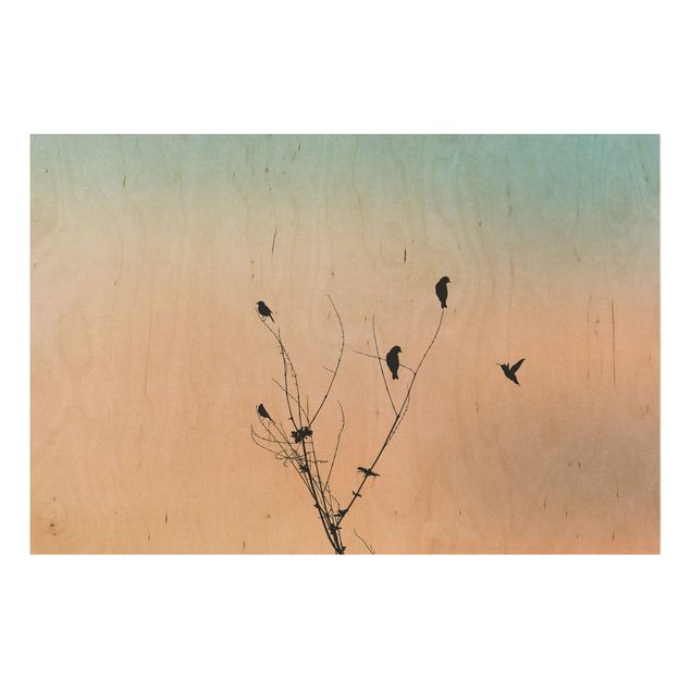 Holzbild Natur Vögel vor rosa Sonne II