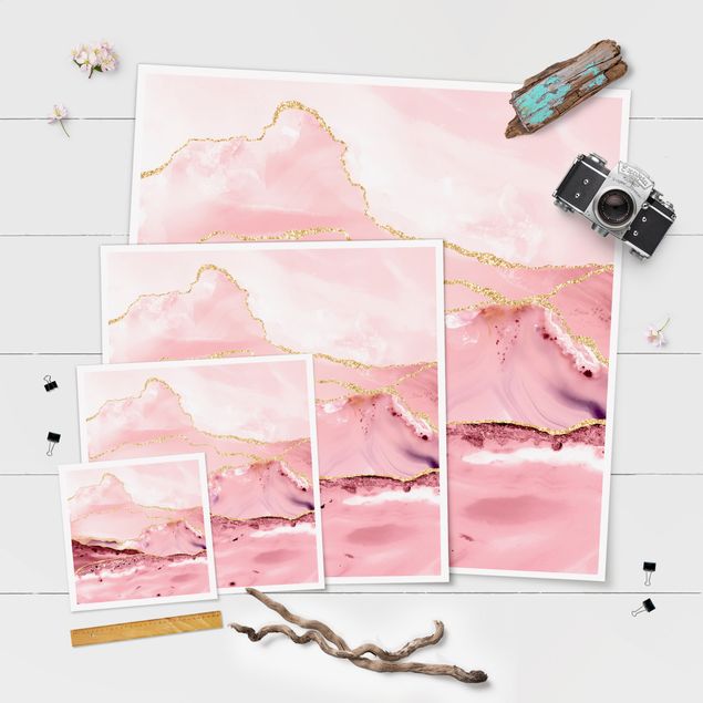 schöne Bilder Abstrakte Berge Rosa mit Goldene Linien