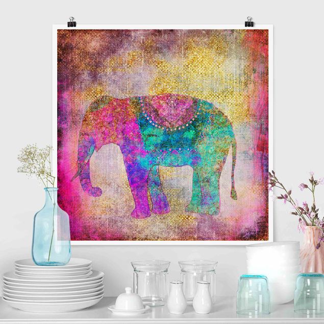 Küchen Deko Bunte Collage - Indischer Elefant