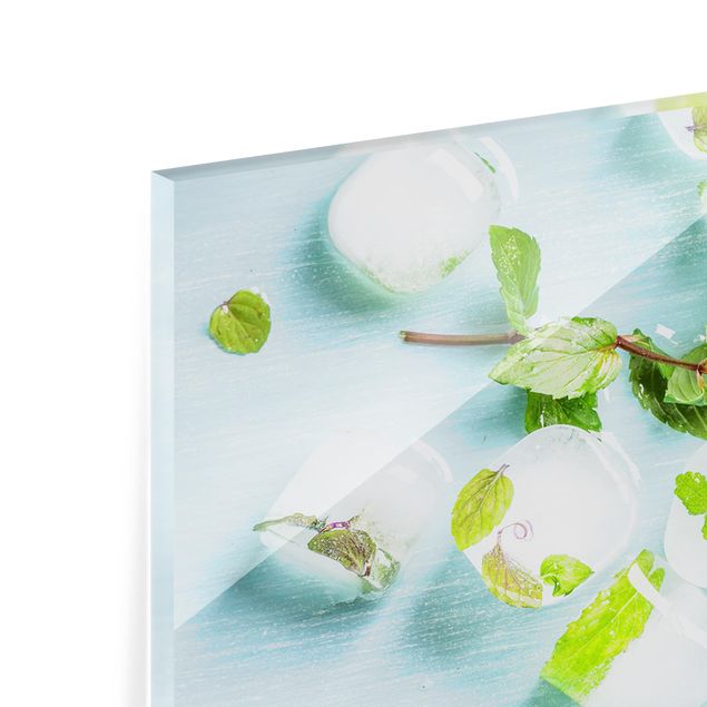 Spritzschutz Glas - Eiswürfel mit Minzblättern - Panorama - 5:2