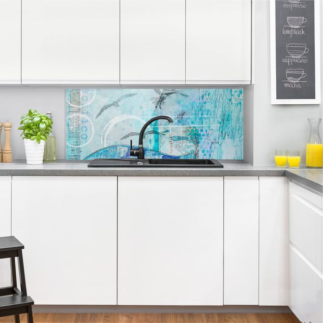 Glasrückwand Küche Bunte Collage - Blaue Fische
