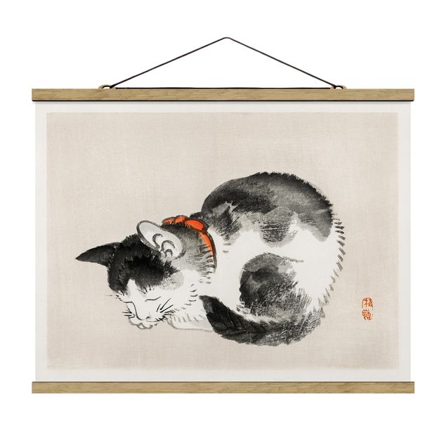 Wandbilder Vintage Asiatische Vintage Zeichnung Schlafende Katze
