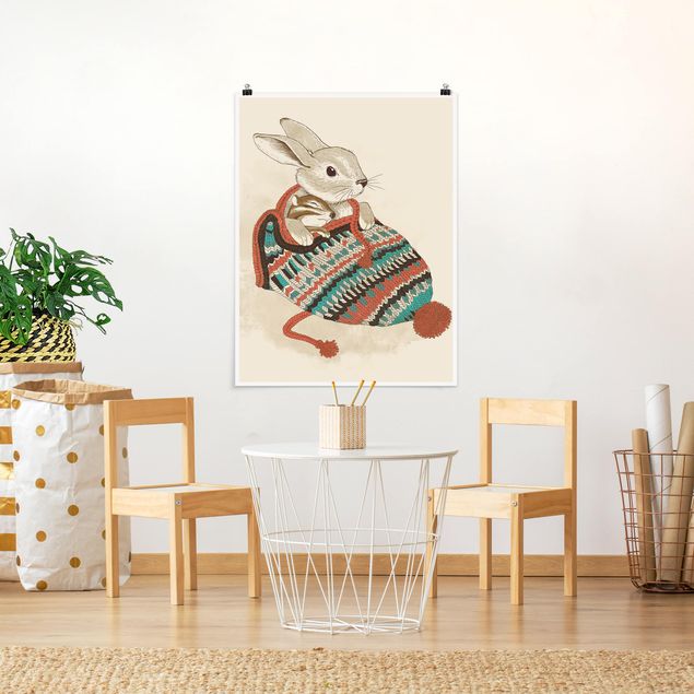 Poster Tiere Illustration Kuschelnder Hase in Mütze