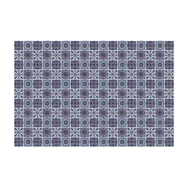 Kork Teppich Fliesenoptik Orientalischer Mandala Mustermix mit Blau und Gold