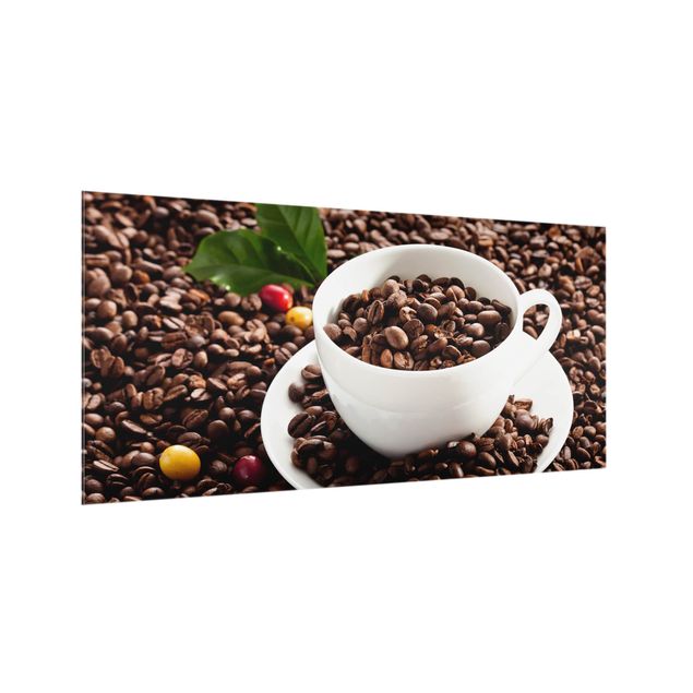 Spritzschutz Glas - Kaffeetasse mit gerösteten Kaffeebohnen - Querformat - 2:1