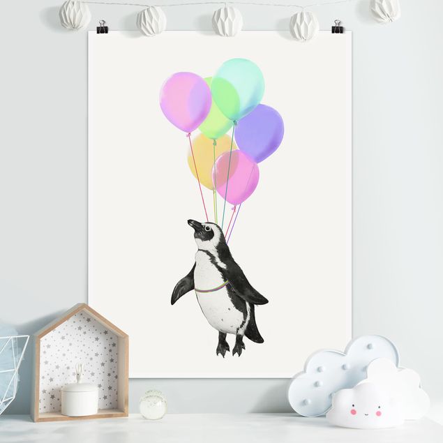 Kunstdrucke Poster Illustration Pinguin Pastell Luftballons