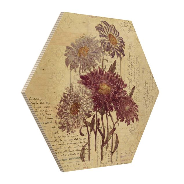 Wandbild Holz Vintage Vintage Blumen mit Handschrift