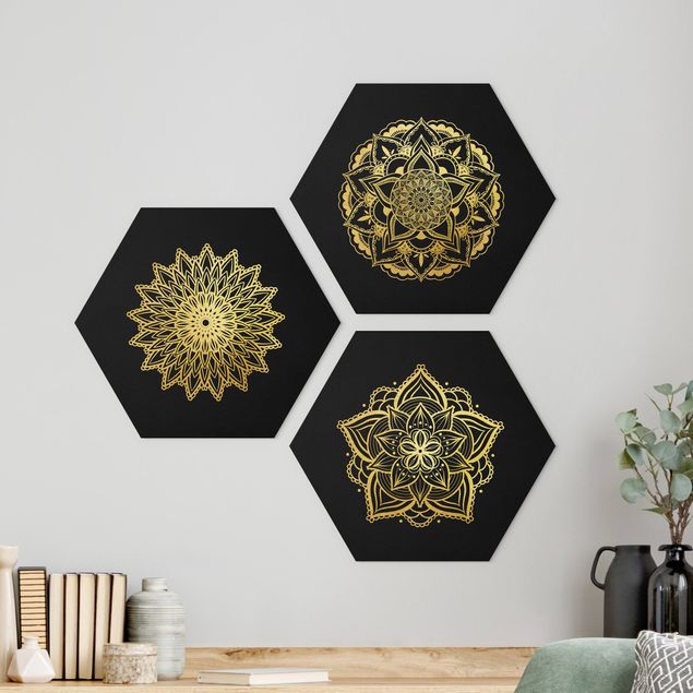Wanddeko Küche Mandala Blüte Sonne Illustration Set Schwarz Gold