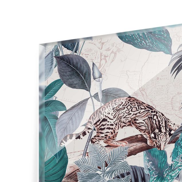 Spritzschutz Glas - Vintage Collage - Raubkatzen im Dschungel - Querformat 1:2