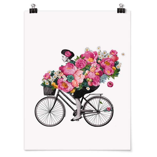 Poster Kunstdruck Illustration Frau auf Fahrrad Collage bunte Blumen