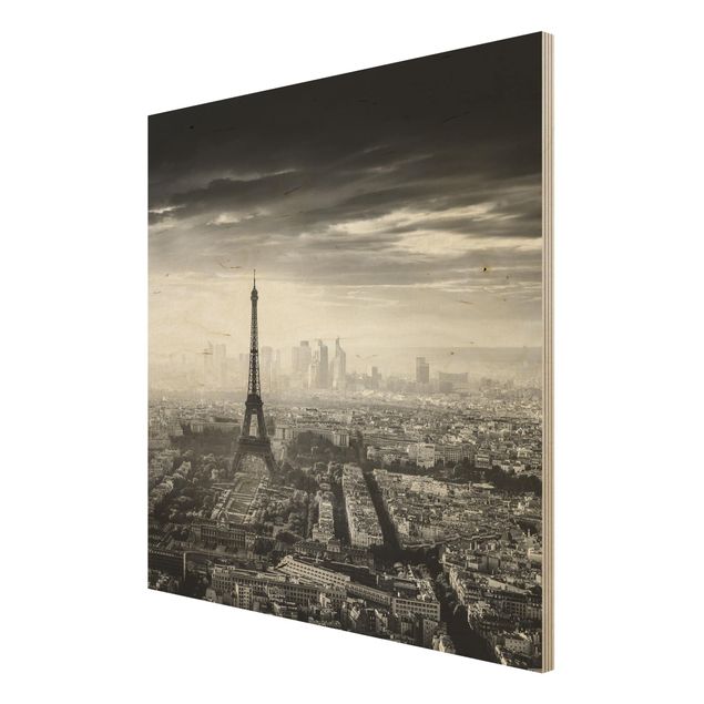 Wandbild Holz Der Eiffelturm von Oben Schwarz-weiß
