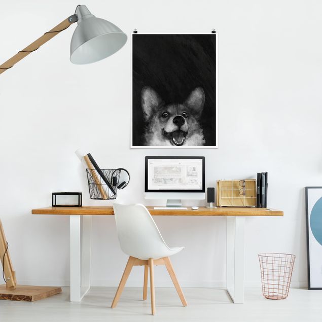 schwarz-weiß Poster Illustration Hund Corgi Malerei Schwarz Weiß