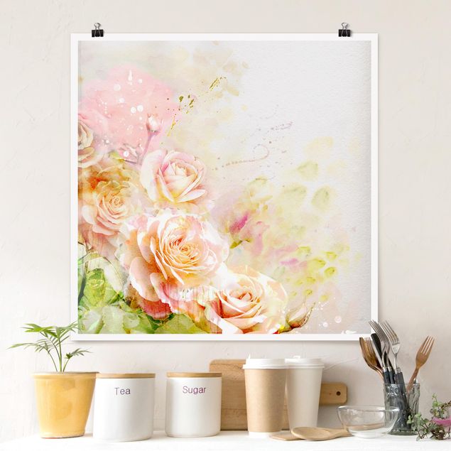 Poster mit Blumen Aquarell Rosen Komposition