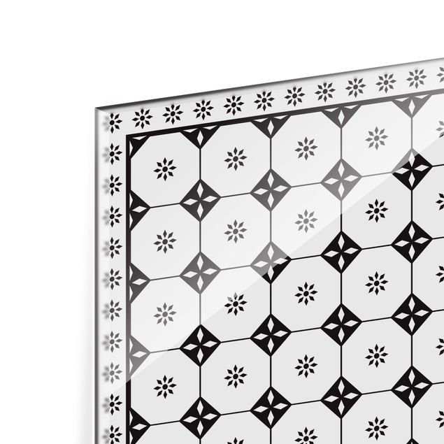 Spritzschutz Glas - Geometrische Fliesen Landhaus Schwarz Weiß mit Bordüre - Quadrat 1:1