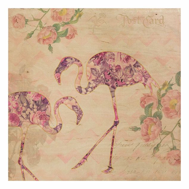 Holzbild Blumen Vintage Collage - Rosa Blüten Flamingos