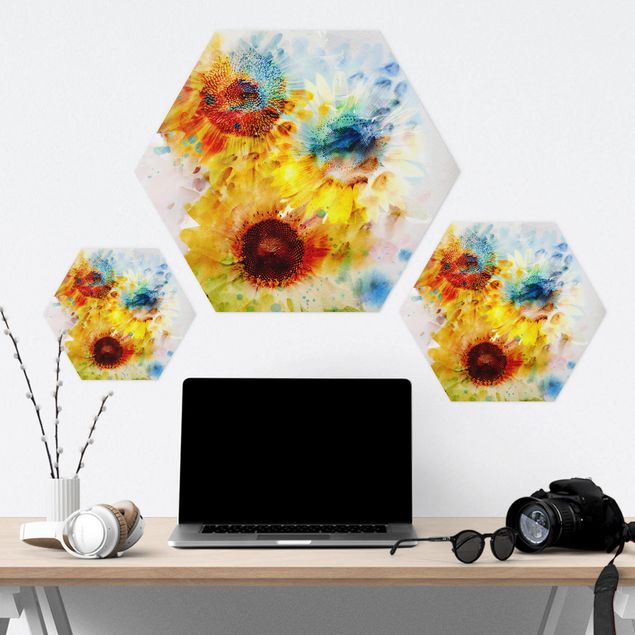 Hexagon Bild Alu-Dibond - Aquarell Blumen Sonnenblumen