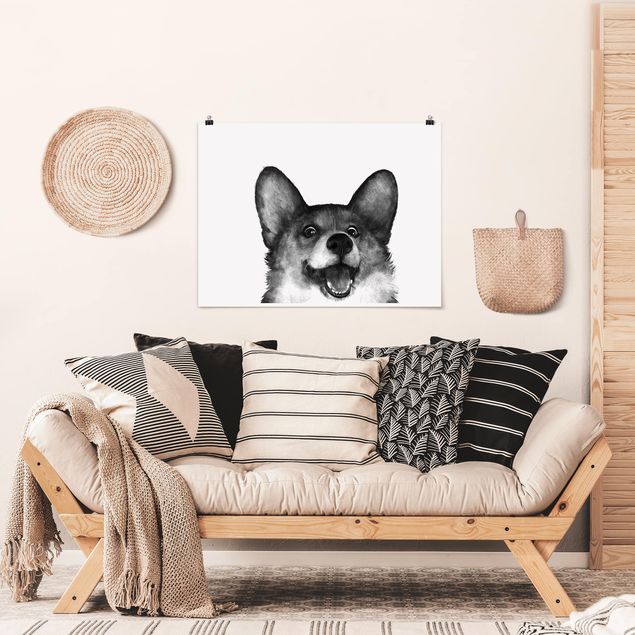 Poster schwarz-weiß Illustration Hund Corgi Weiß Schwarz Malerei