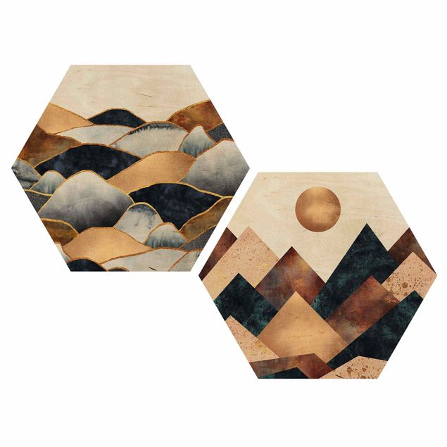 Wandbild Holz Geometrische & Goldene Berge Aquarell