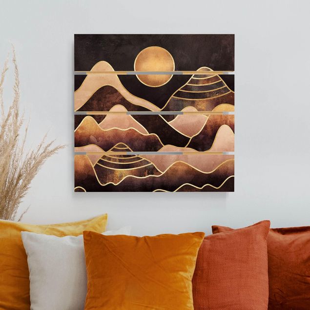 Holzbild Natur Goldene Sonne abstrakte Berge