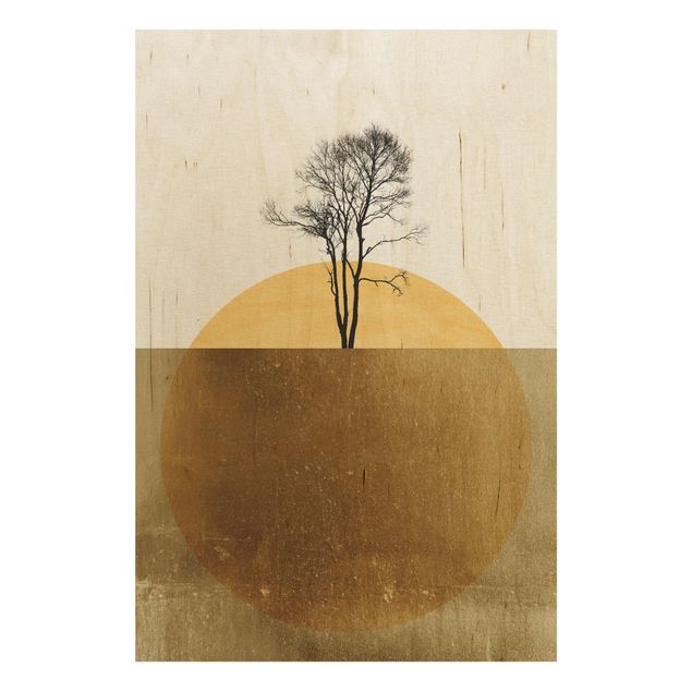 Holzbilder Landschaften Goldene Sonne mit Baum
