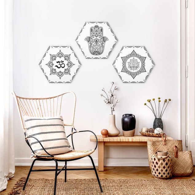 Wandbilder Muster Hamsa Hand Lotus OM Illustration Set Schwarz Weiß