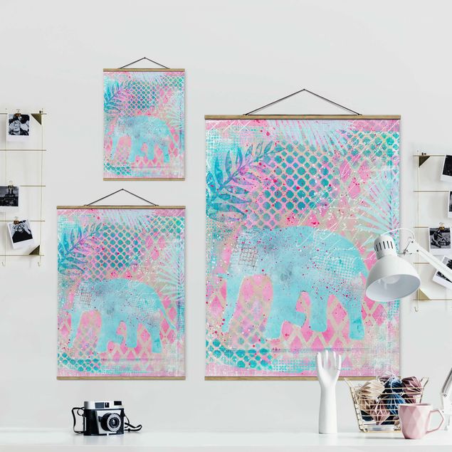 Wandbilder Kunstdrucke Bunte Collage - Elefant in Blau und Rosa