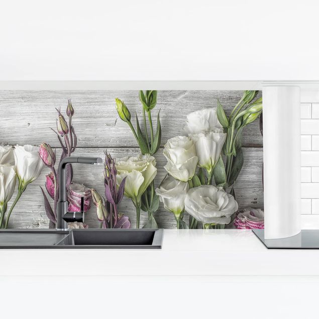Glasrückwand Küche Tulpen-Rose Shabby Holzoptik