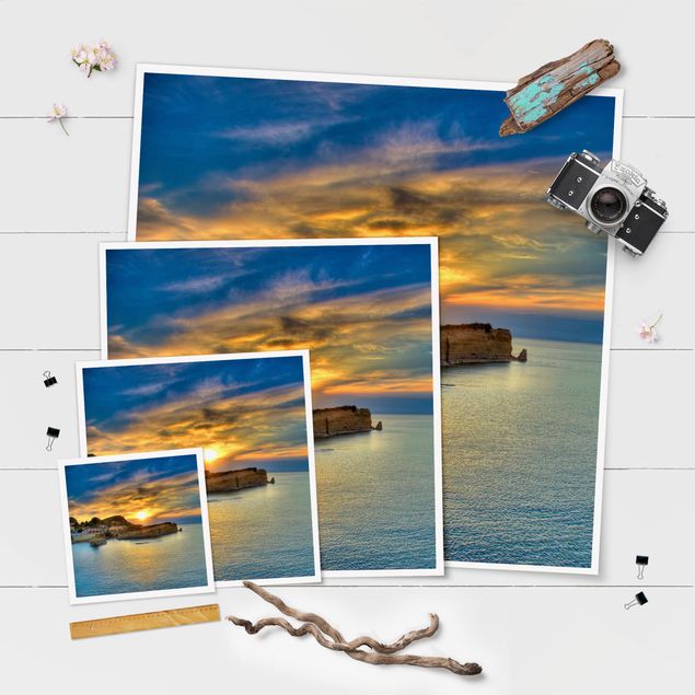 Poster Strand Sonnenuntergang über Korfu