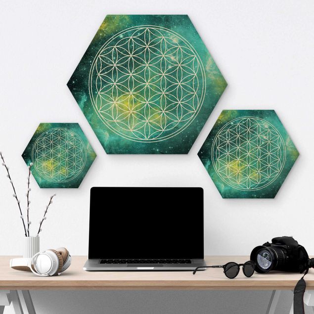 Hexagon Bild Holz - Blume des Lebens im Licht der Sterne