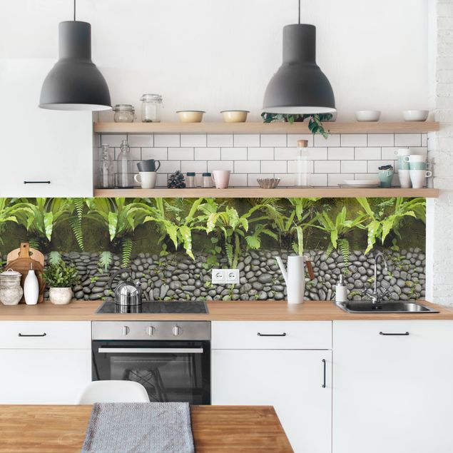Glasrückwand Küche Steinwand mit Pflanzen