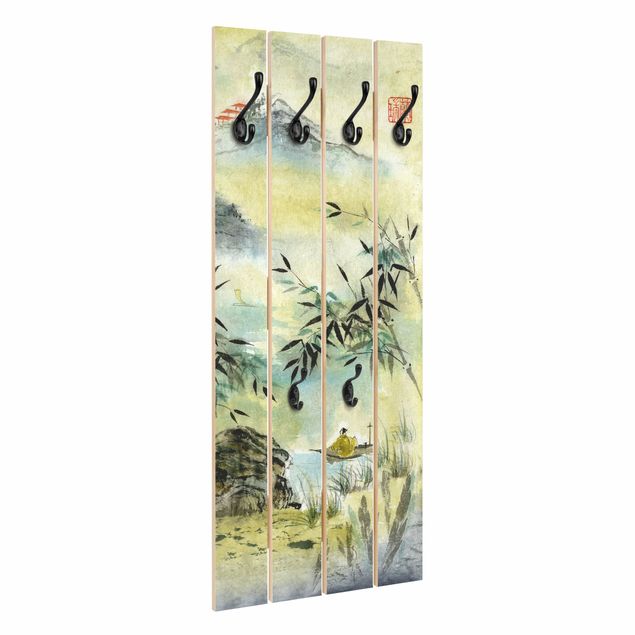 Wandgarderobe mit Motiv Japanische Aquarell Zeichnung Bambuswald