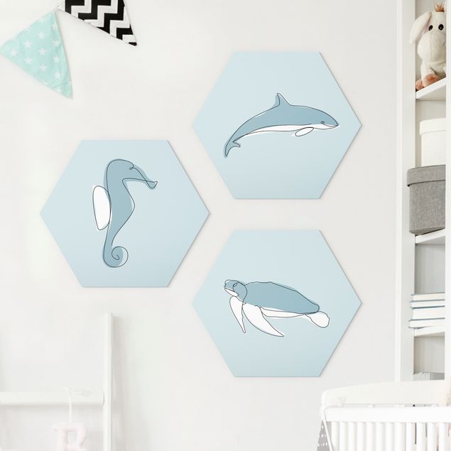 Wanddeko Küche Delfin Schildkröte Seepferdchen Line Art