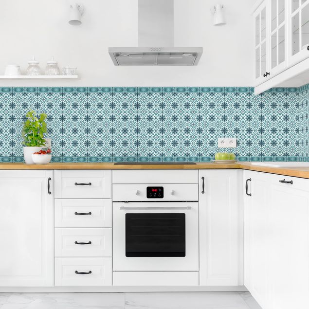 Küchenrückwände Fliesenoptik Geometrischer Fliesenmix Kreuz Türkis