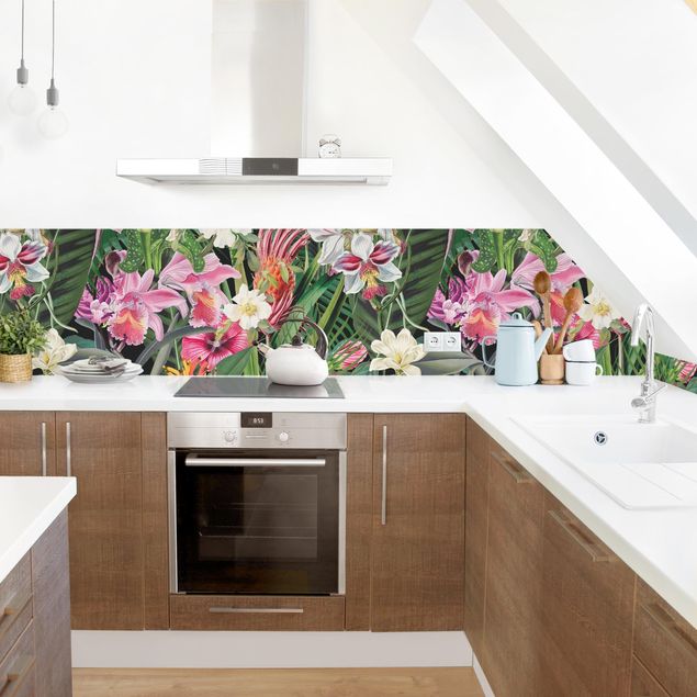 Küchenspiegel Glas Bunte tropische Blumen Collage II