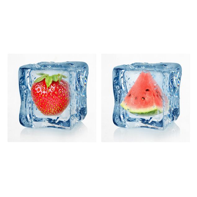 Leinwandbilder Obst Erdbeere und Melone im Eiswürfel