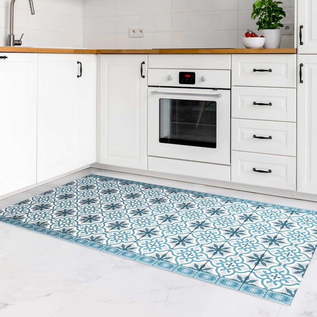 Küche Dekoration Geometrischer Fliesenmix Kreuz Blaugrau