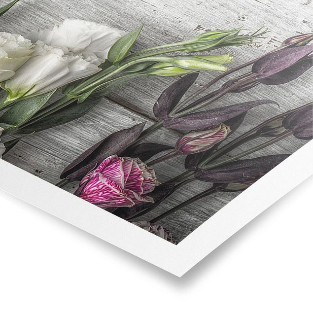 Wandbilder Grau Tulpen-Rose Shabby Holzoptik
