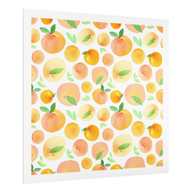Spritzschutz Küche Glas Aquarell Orangen mit Blättern in weißem Rahmen