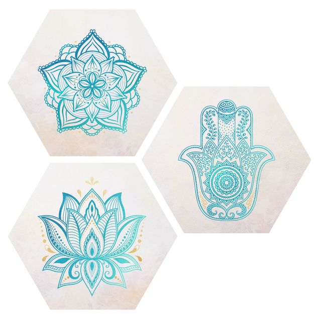 Wandbilder Spirituell Mandala Hamsa Hand Lotus Set Gold Blau