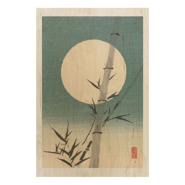 Holzbild Natur Japanische Zeichnung Bambus und Mond