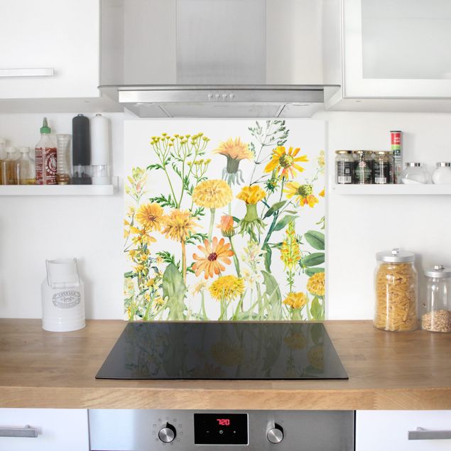 Glasrückwand Küche Blumen Aquarellierte Blumenwiese in Gelb