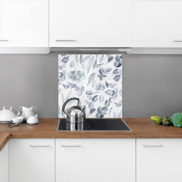 Glasrückwand Küche Blumen Blaue Eukalyptus Aquarellblätter