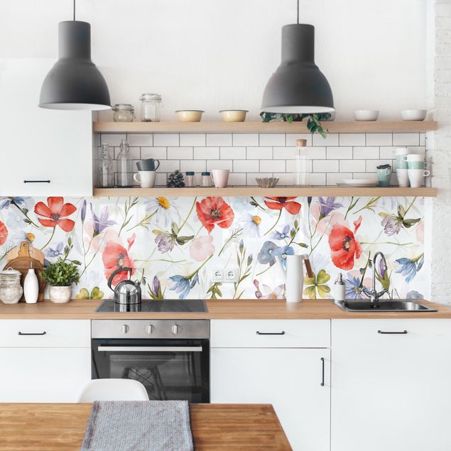 Küchenrückwände Blumen Aquarellierter Mohn mit Kleeblatt