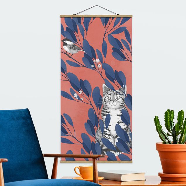 Wanddeko Küche Illustration Katze und Vogel auf Ast Blau Rot