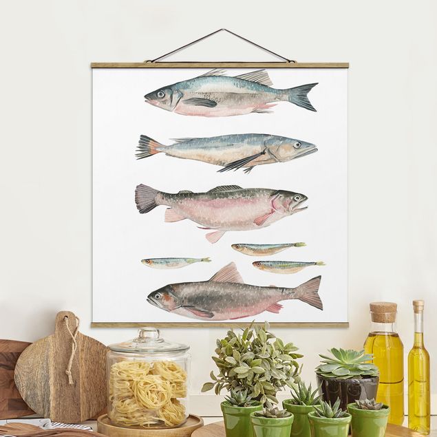 Küchen Deko Sieben Fische in Aquarell I