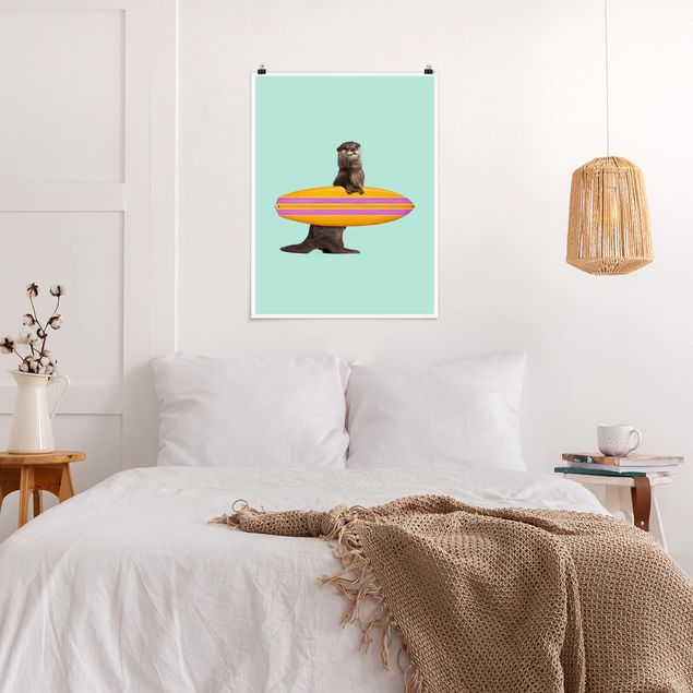Poster Kunstdruck Otter mit Surfbrett